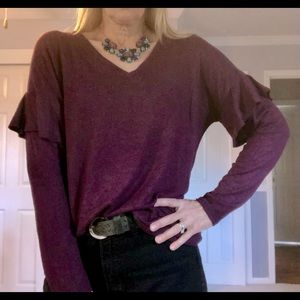 "Promesa" brand, drop shoulder, ruffle sleeve, v-neck brushed knit top -size L